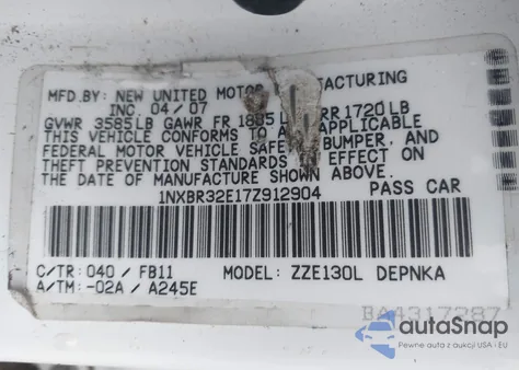 2007 Toyota Corolla Le from USA, damaged, VIN 1NXBR32E17Z912904